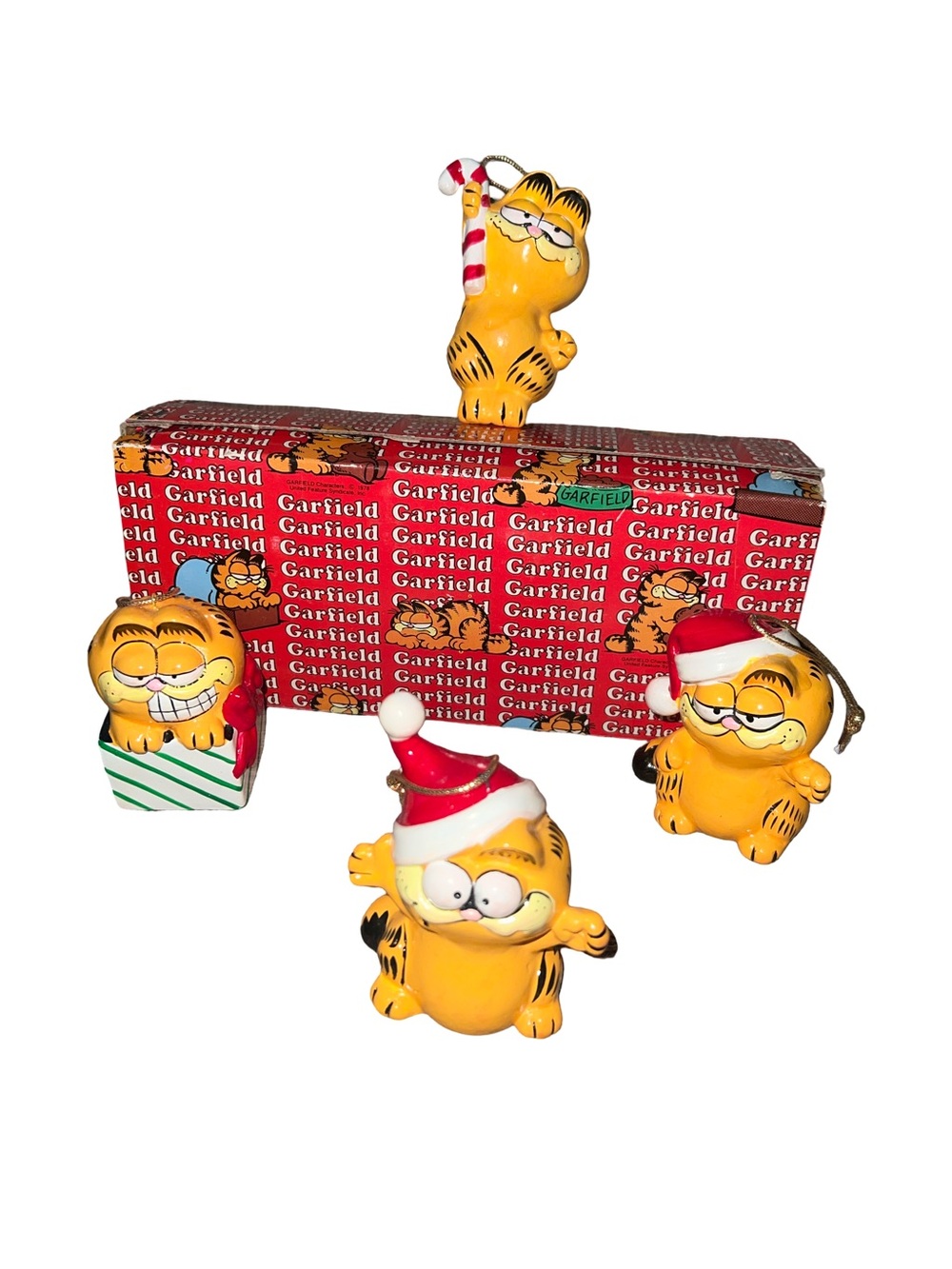 Vintage Garfield Ceramic Christmas Ornaments Enesco Set Of 4 Original Box